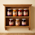 mueble con frascos de vidrio que contienen mermeladas de distintos sabores kutral nalcahue
