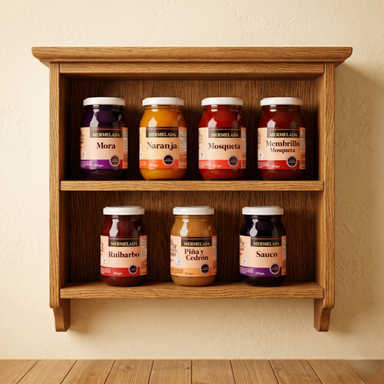 mueble con frascos de vidrio que contienen mermeladas de distintos sabores kutral nalcahue