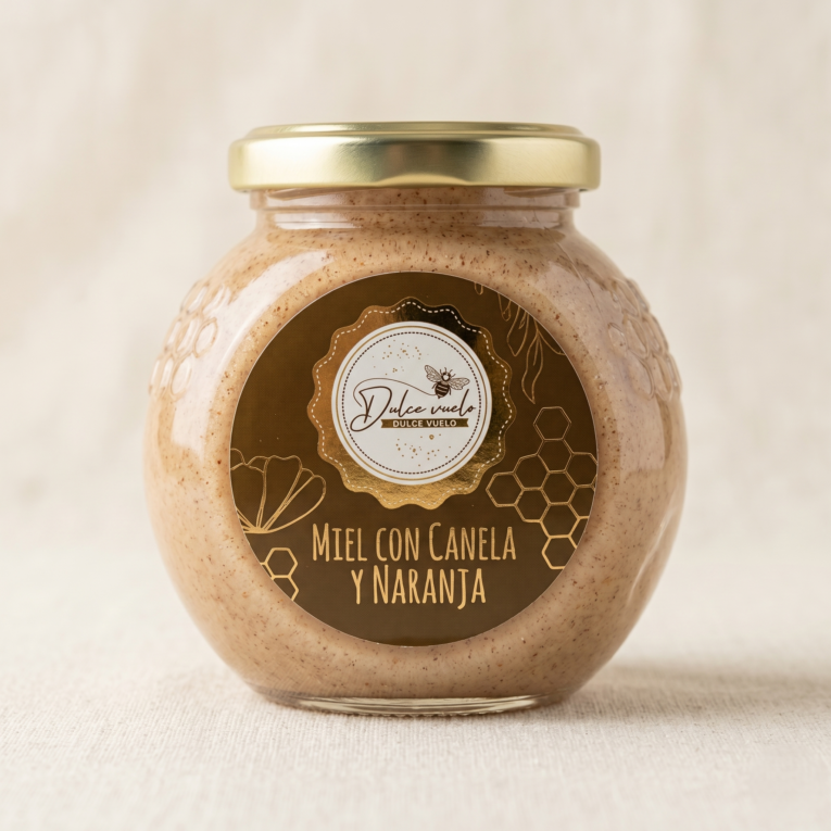frasco de vidrio con tapa dorada miel con canela y naranja dulce vuelo