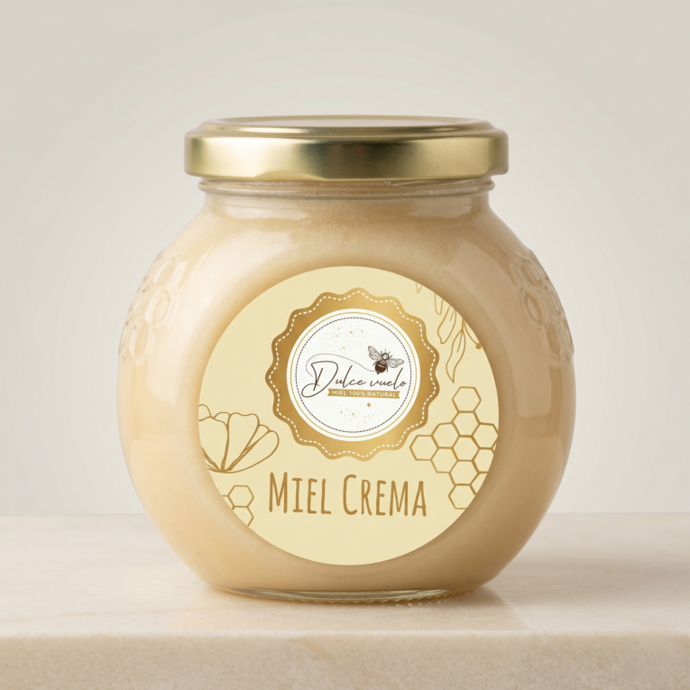 frasco de vidrio con tapa dorada con miel crema dulve vuelo