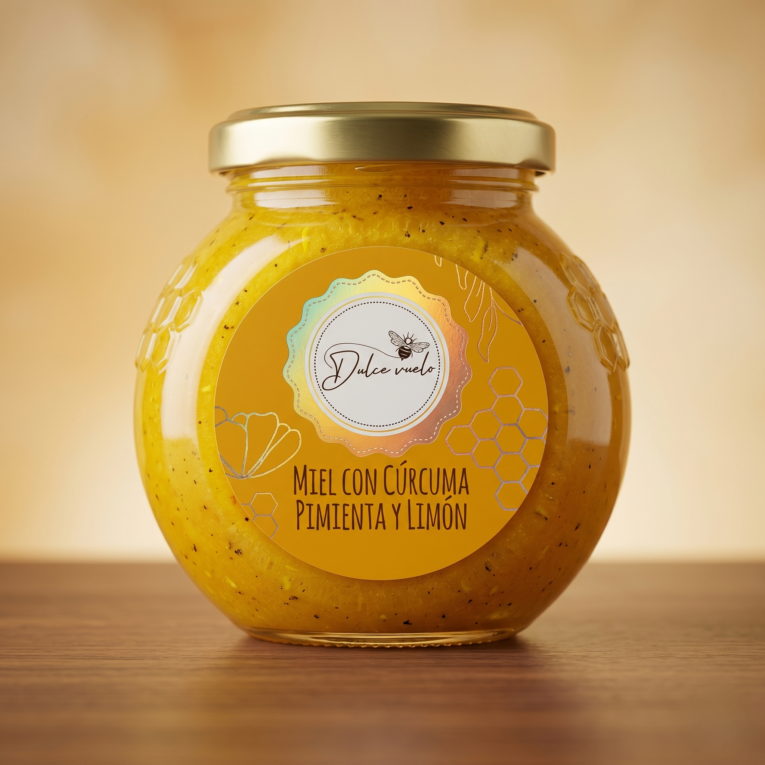 frasco de vidrio con tapa dorada con miel potenciada con curcuma y pimienta