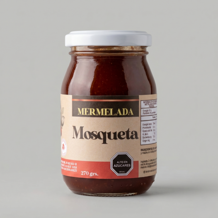 frasco de vidrio con mermelada de mosqueta Kutral Nalcahue