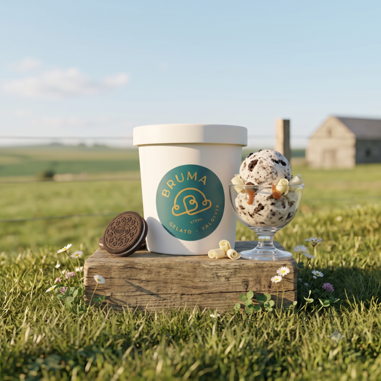 pote de helado de bruma gelato en un campo rodeado por galletas y un vaso que representa la textura del helado