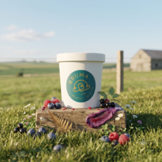 pote de helado de bruma gelato en un campo rodeado de frutos del bosque