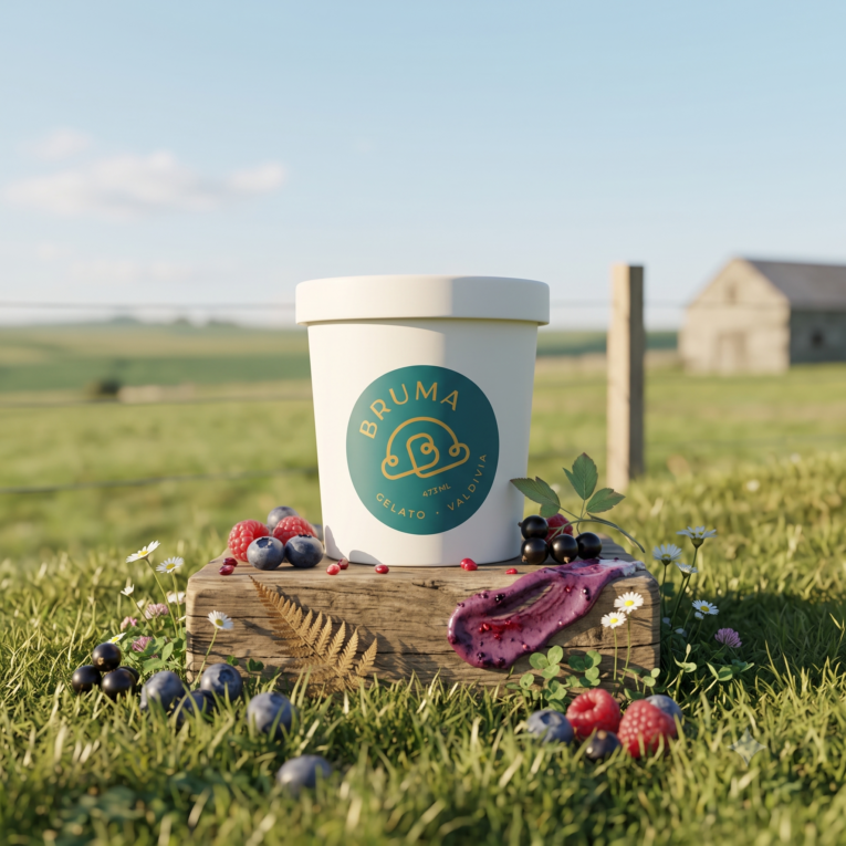pote de helado de bruma gelato en un campo rodeado de frutos del bosque